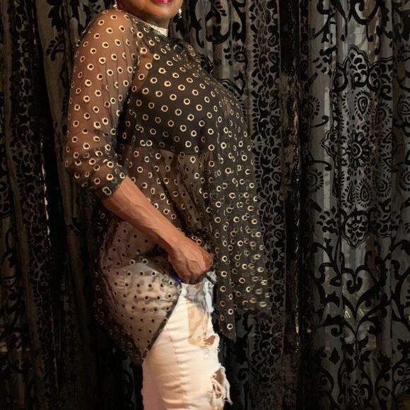 Black‎ Gold Long  Sheer Tunic Top - Picture 1 of 14